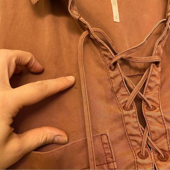 Free People Under Your Spell 100% Tencel orange long sleeve lace up blouse Top L - Picture 7 of 13